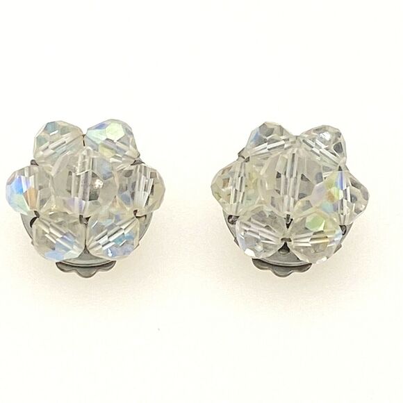 Unbranded Jewelry - Vintage Faceted Clear Beaded Clip-On Earrings Round Silver Tone, 3/4"